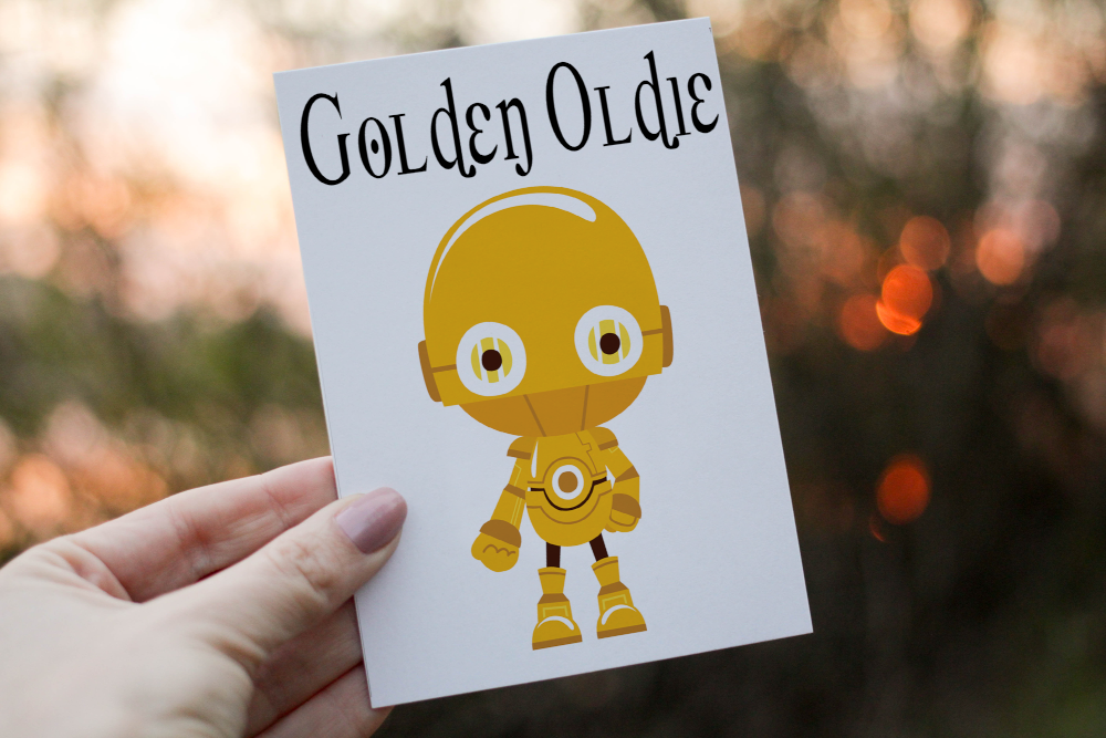 Golden Oldie Droid Birthday Card, Friend Birthday Card